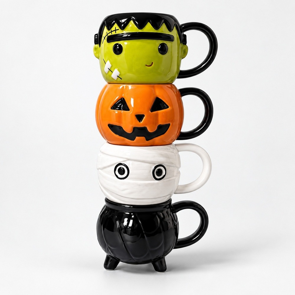 Kohl's Celebrate Together Halloween 4pc Stacking Mug Set Frankenstein Mummy NWT